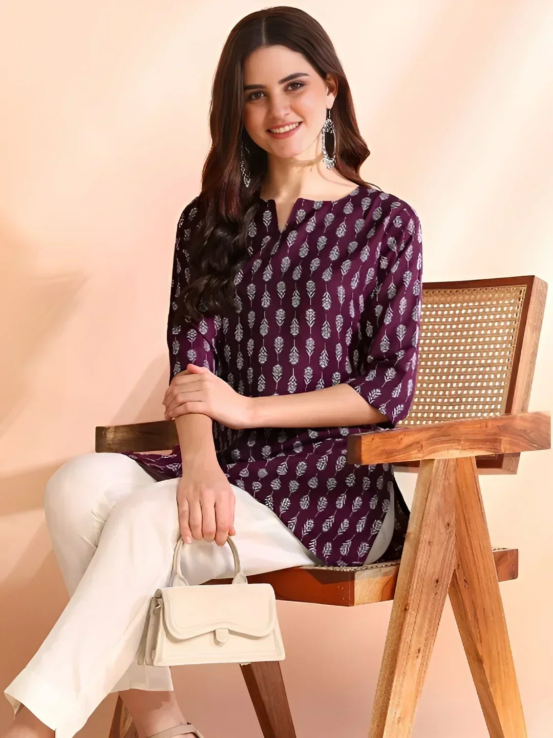 women printed cotton blend kurti top